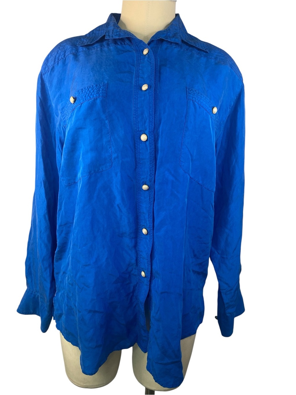 W&W 100% Silk Royal Blue Button-Up Blouse with Pearl Buttons Women’s Large